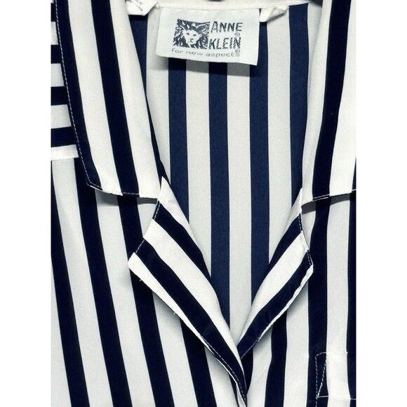 Vintage Anne Klein Navy White Striped Button Up Blouse w Shoulder Pads Size 4 - Picture 2 of 4